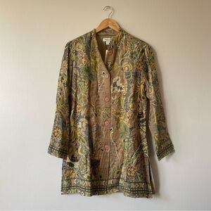 Coldwater Creek green tan tapestry floral tunic jacket with Nehru collar nwt